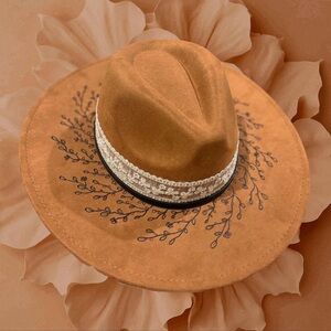 Wide Brim Suede Hat with Embroidery